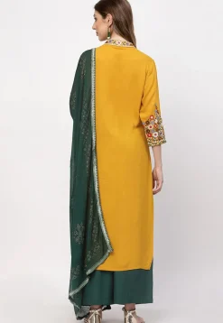 Embroidered Rayon Pakistani Suit in Mustard