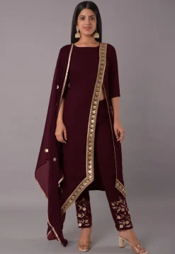 Embroidered Rayon Pakistani Suit in Wine