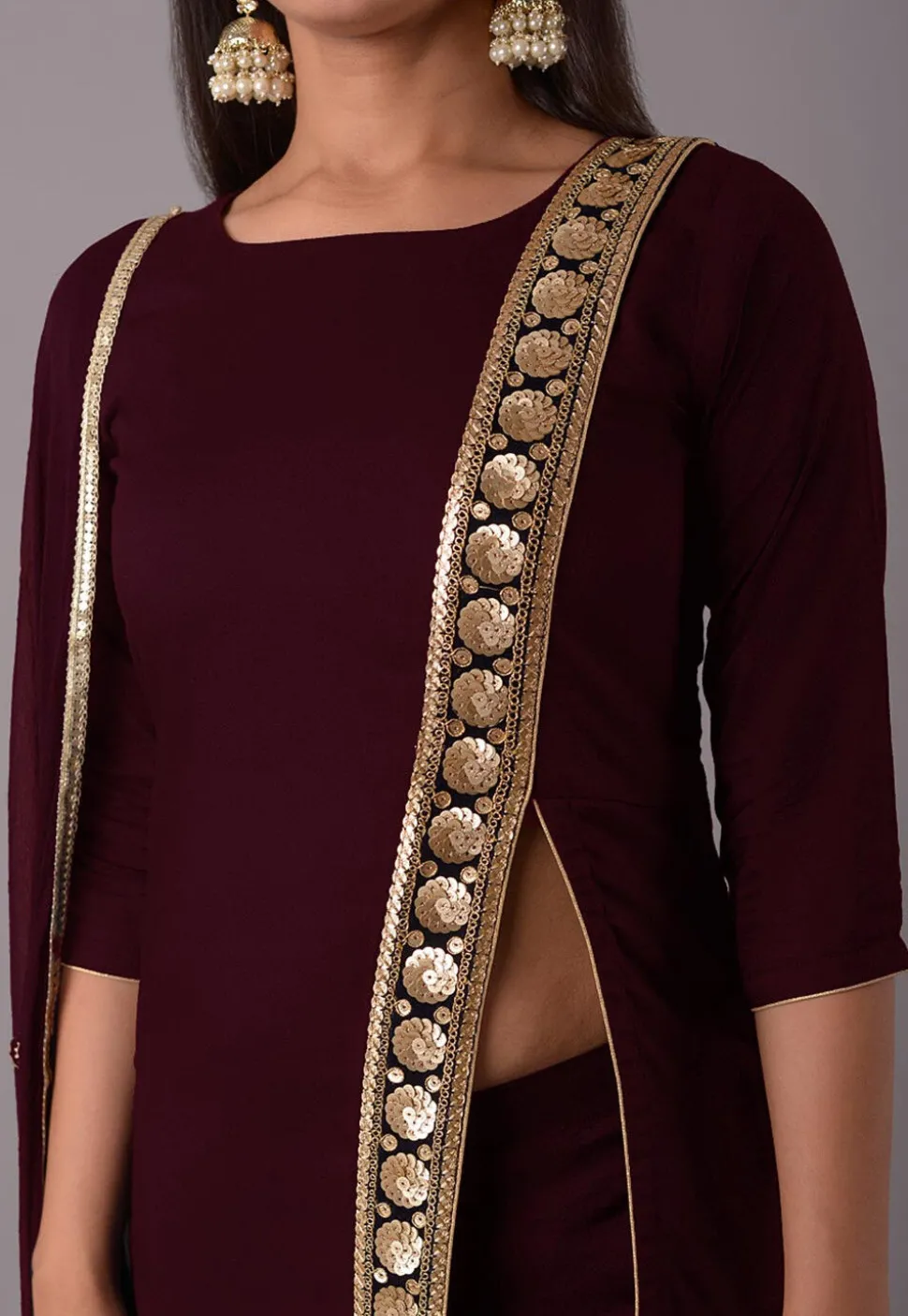 Embroidered Rayon Pakistani Suit in Wine