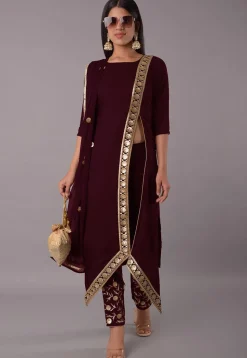 Embroidered Rayon Pakistani Suit in Wine