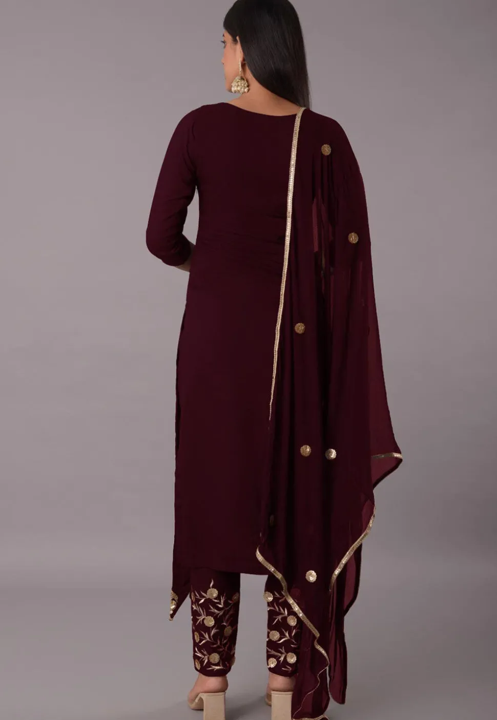 Embroidered Rayon Pakistani Suit in Wine