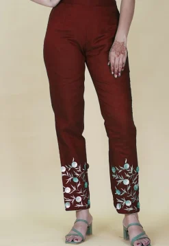 Embroidered Rayon Pant in Maroon