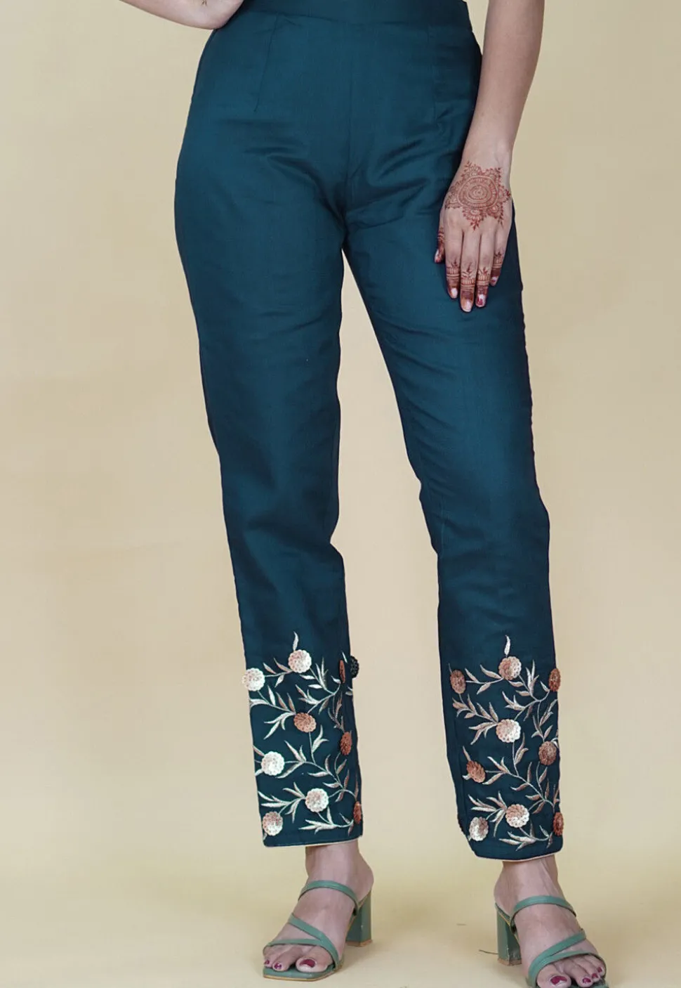 Embroidered Rayon Pant in Teal Blue