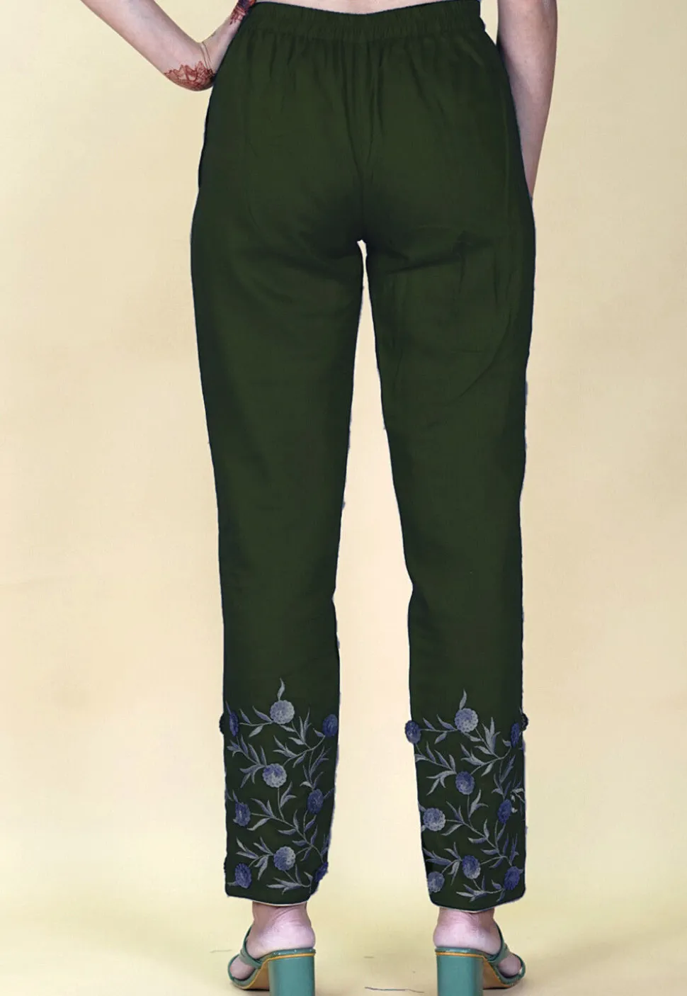 Embroidered Rayon Pant in Dark Green