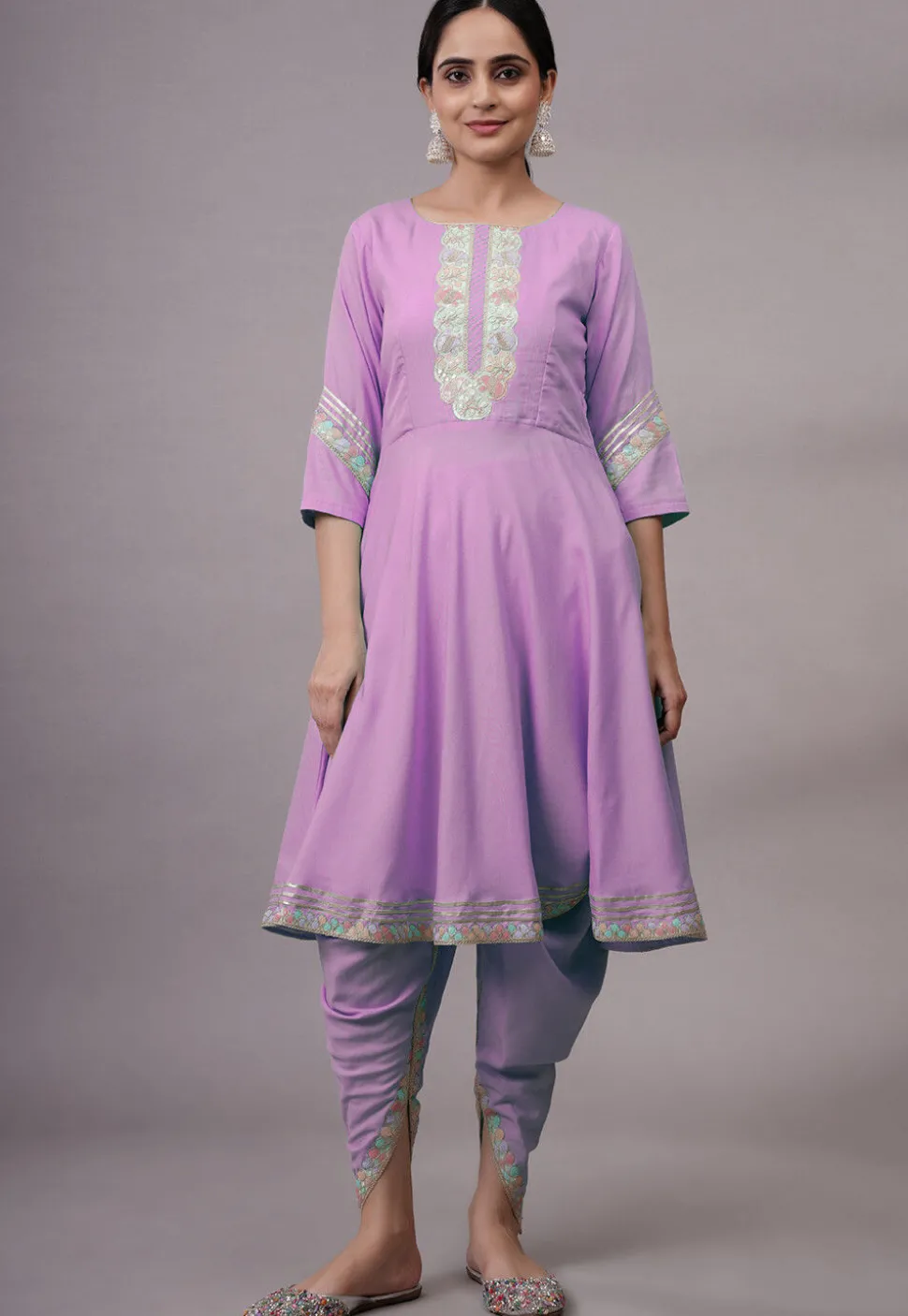 Embroidered Rayon Punjabi Suit in Light Purple