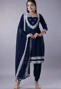 Embroidered Rayon Punjabi Suit in Navy Blue