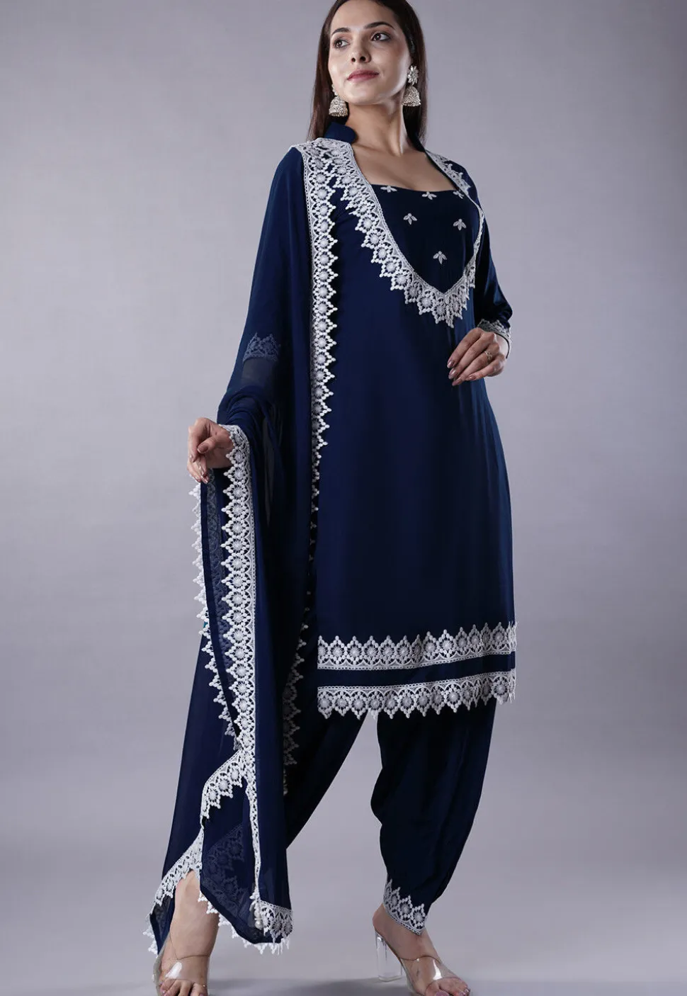 Embroidered Rayon Punjabi Suit in Navy Blue