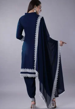 Embroidered Rayon Punjabi Suit in Navy Blue