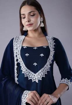Embroidered Rayon Punjabi Suit in Navy Blue