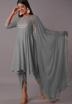 Embroidered Rayon Punjabi Suit in Grey
