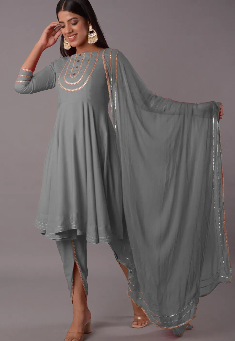 Embroidered Rayon Punjabi Suit in Grey