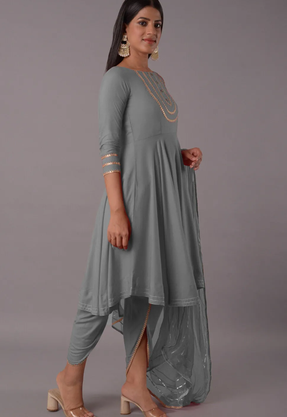 Embroidered Rayon Punjabi Suit in Grey