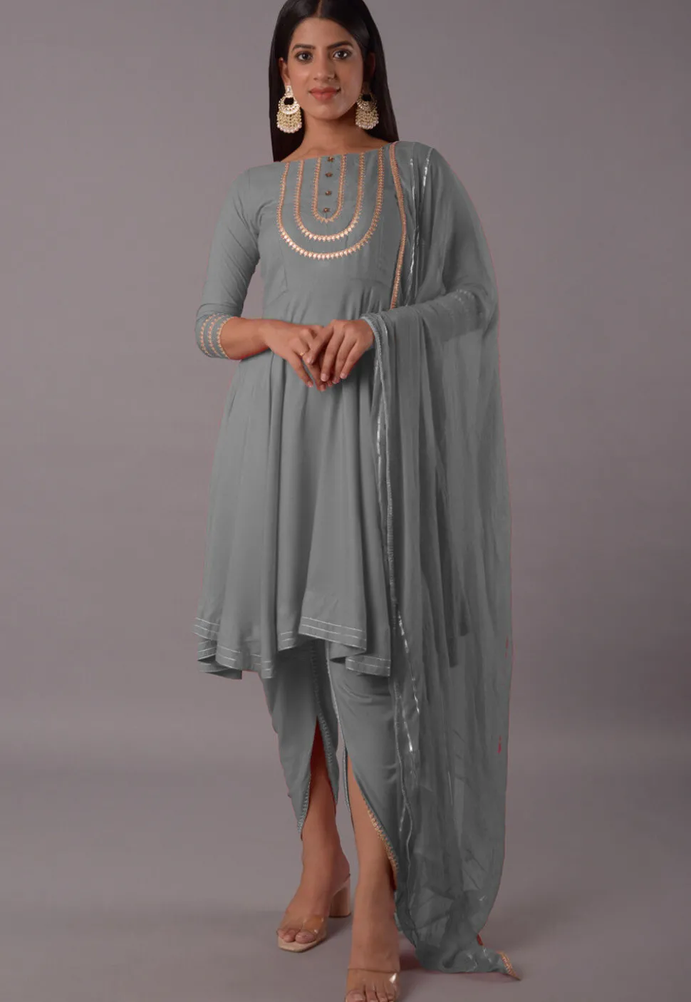 Embroidered Rayon Punjabi Suit in Grey