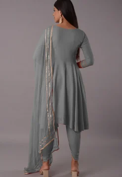Embroidered Rayon Punjabi Suit in Grey
