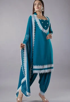 Embroidered Rayon Punjabi Suit in Teal Blue
