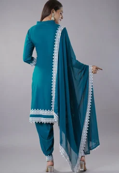 Embroidered Rayon Punjabi Suit in Teal Blue