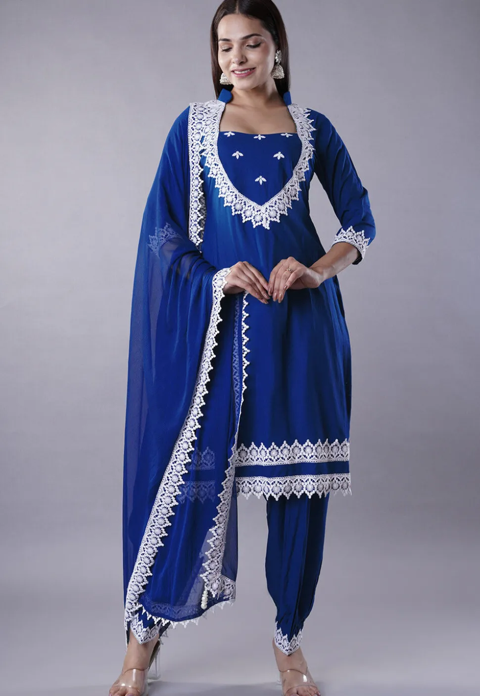 Embroidered Rayon Punjabi Suit in Royal Blue