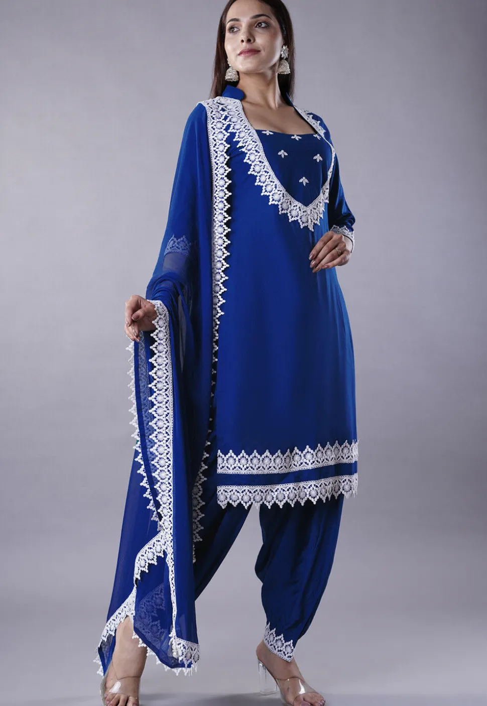 Embroidered Rayon Punjabi Suit in Royal Blue