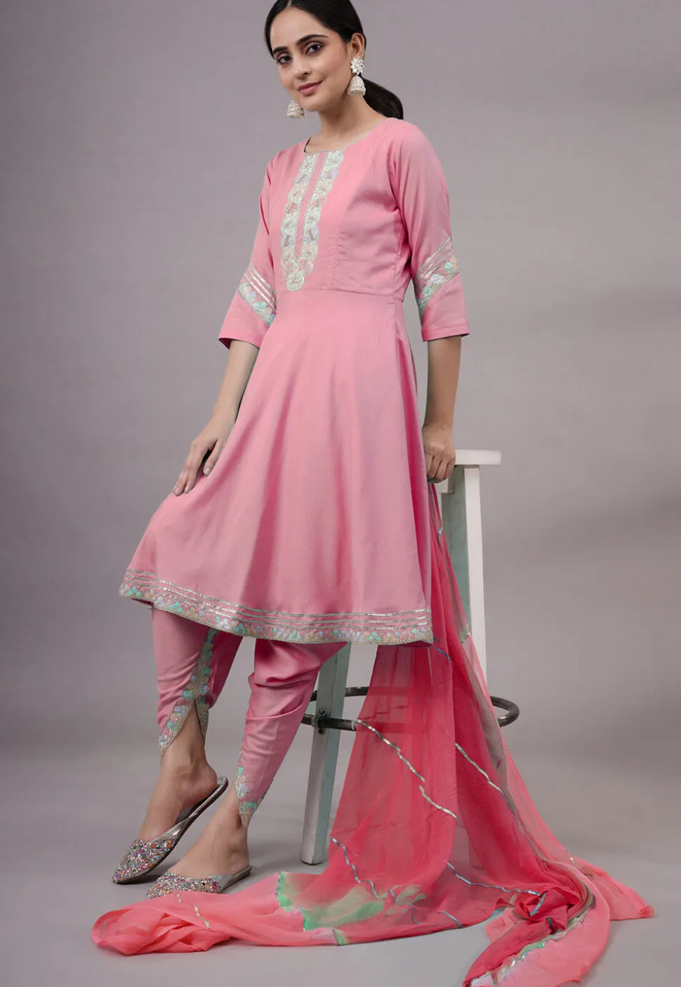Embroidered Rayon Punjabi Suit in Pink