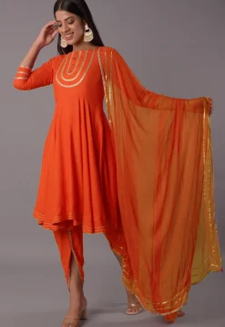 Embroidered Rayon Punjabi Suit in Orange