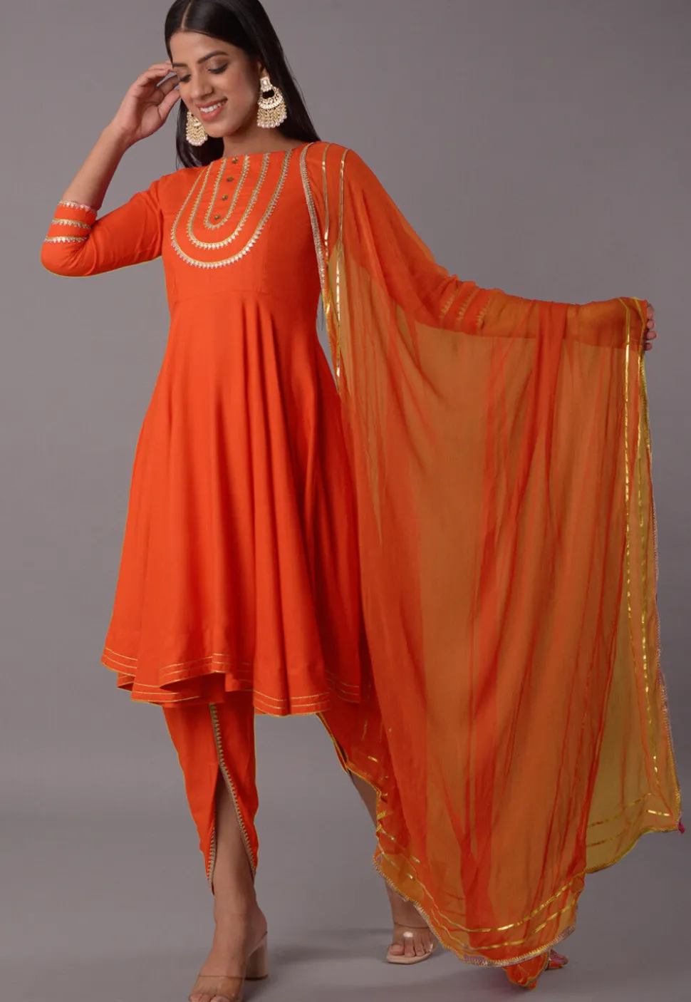 Embroidered Rayon Punjabi Suit in Orange
