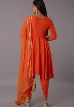 Embroidered Rayon Punjabi Suit in Orange