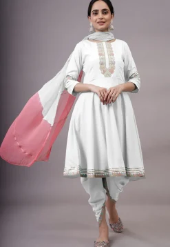Embroidered Rayon Punjabi Suit in White