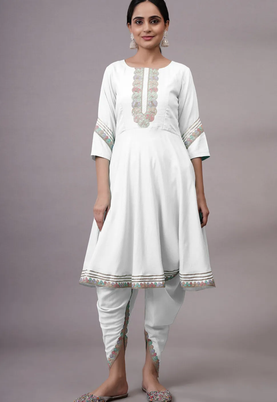 Embroidered Rayon Punjabi Suit in White
