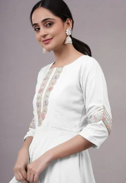 Embroidered Rayon Punjabi Suit in White
