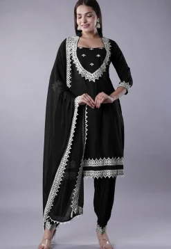 Embroidered Rayon Punjabi Suit in Black
