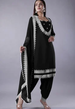 Embroidered Rayon Punjabi Suit in Black