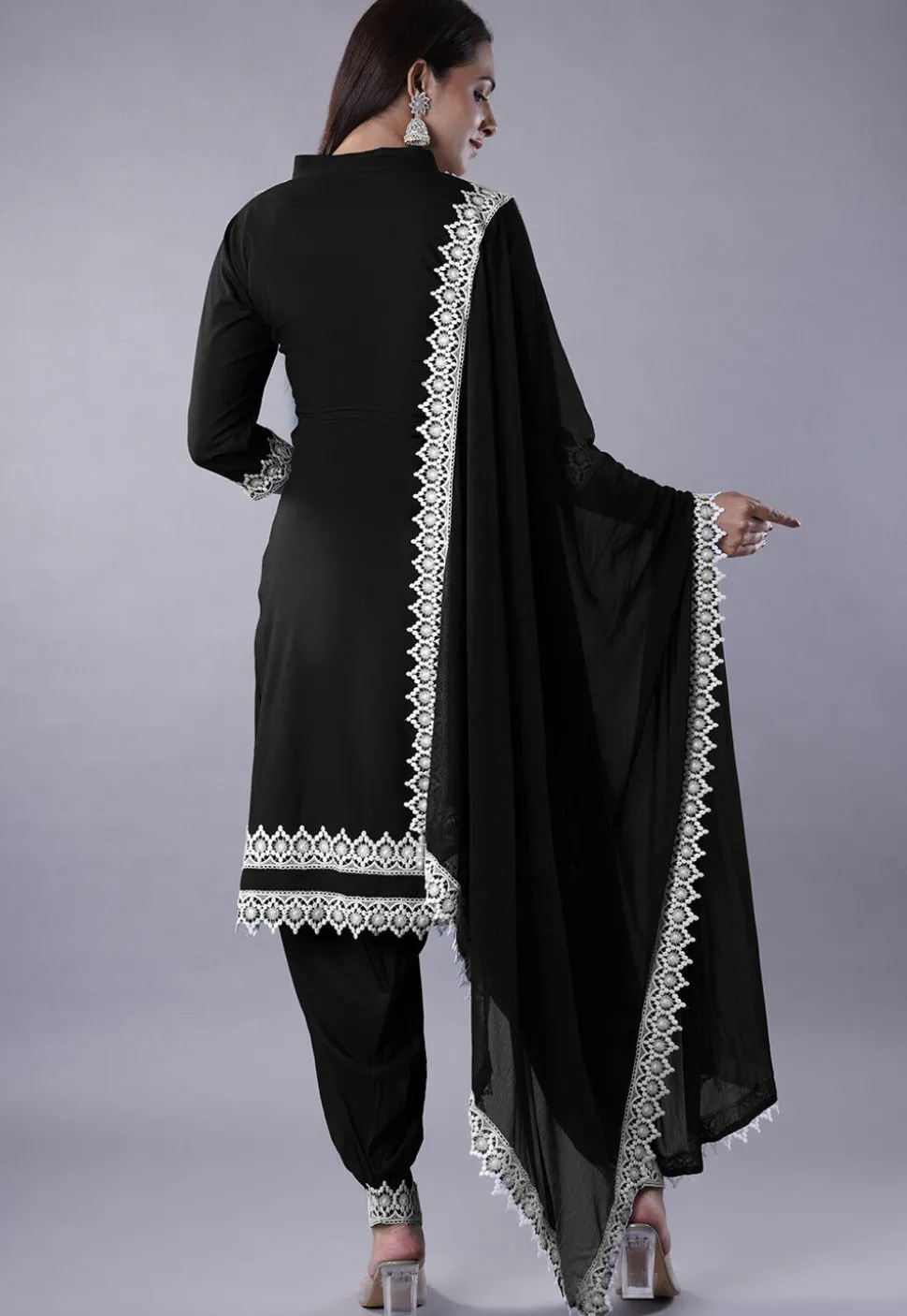 Embroidered Rayon Punjabi Suit in Black