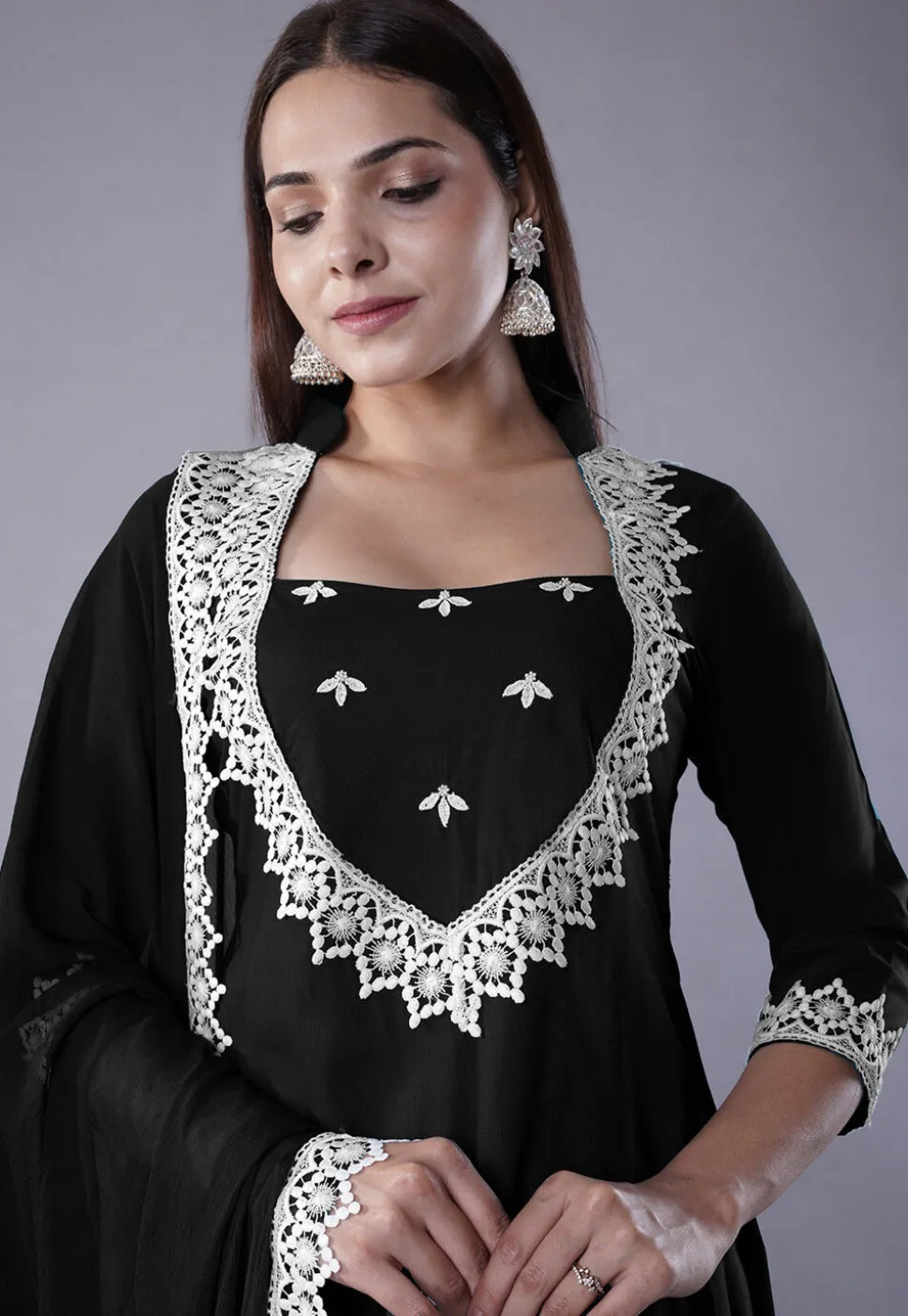 Embroidered Rayon Punjabi Suit in Black
