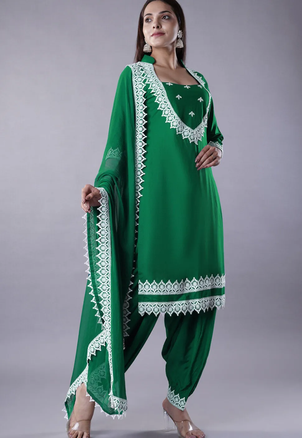Embroidered Rayon Punjabi Suit in Green