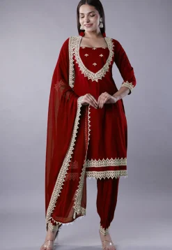 Embroidered Rayon Punjabi Suit in Maroon