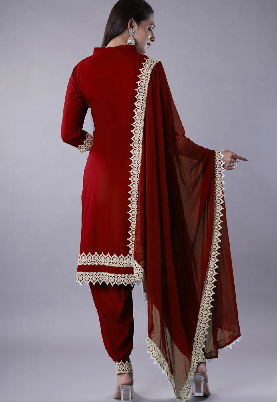 Embroidered Rayon Punjabi Suit in Maroon