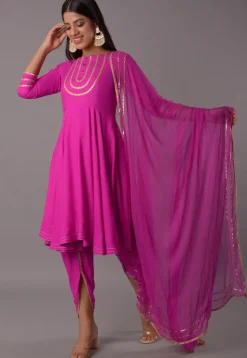 Embroidered Rayon Punjabi Suit in Magenta
