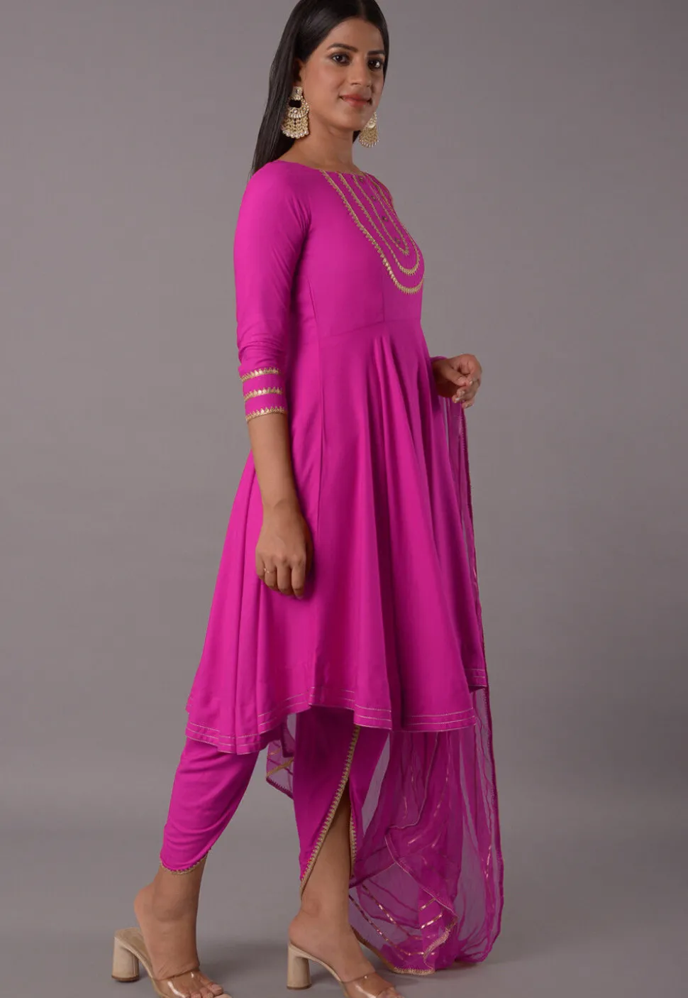 Embroidered Rayon Punjabi Suit in Magenta