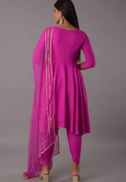 Embroidered Rayon Punjabi Suit in Magenta