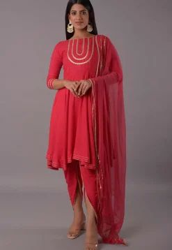 Embroidered Rayon Punjabi Suit in Red