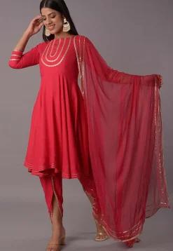 Embroidered Rayon Punjabi Suit in Red