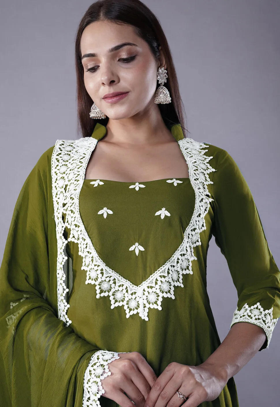 Embroidered Rayon Punjabi Suit in Olive Green