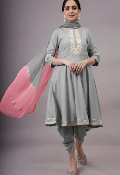 Embroidered Rayon Punjabi Suit in Grey