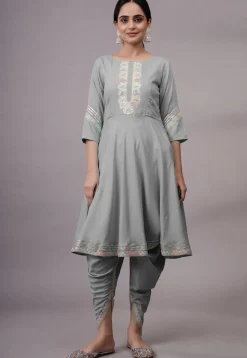 Embroidered Rayon Punjabi Suit in Grey
