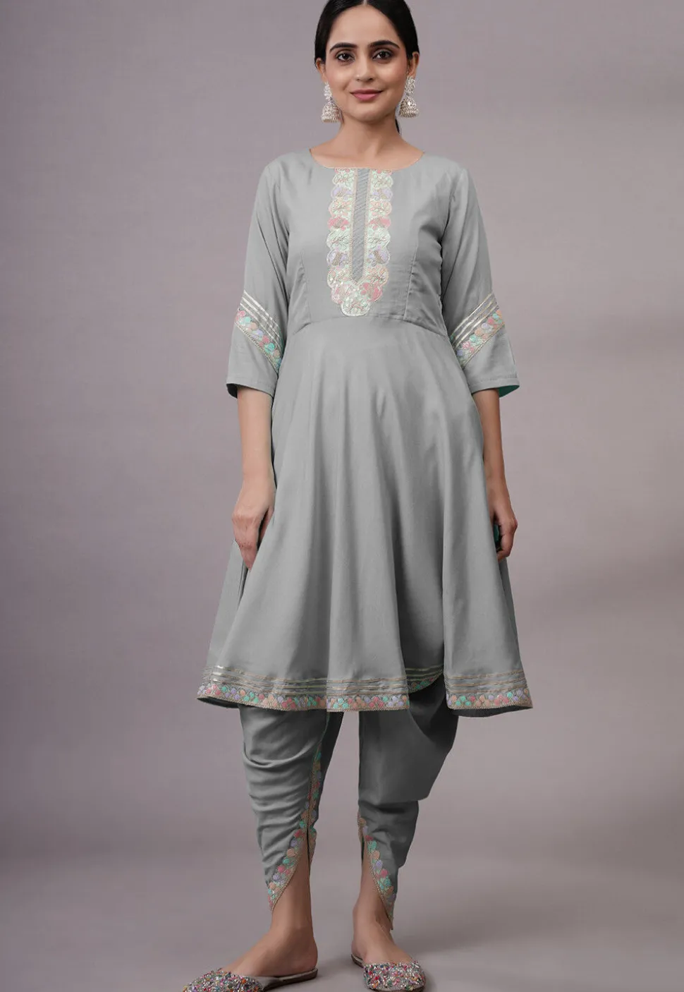Embroidered Rayon Punjabi Suit in Grey