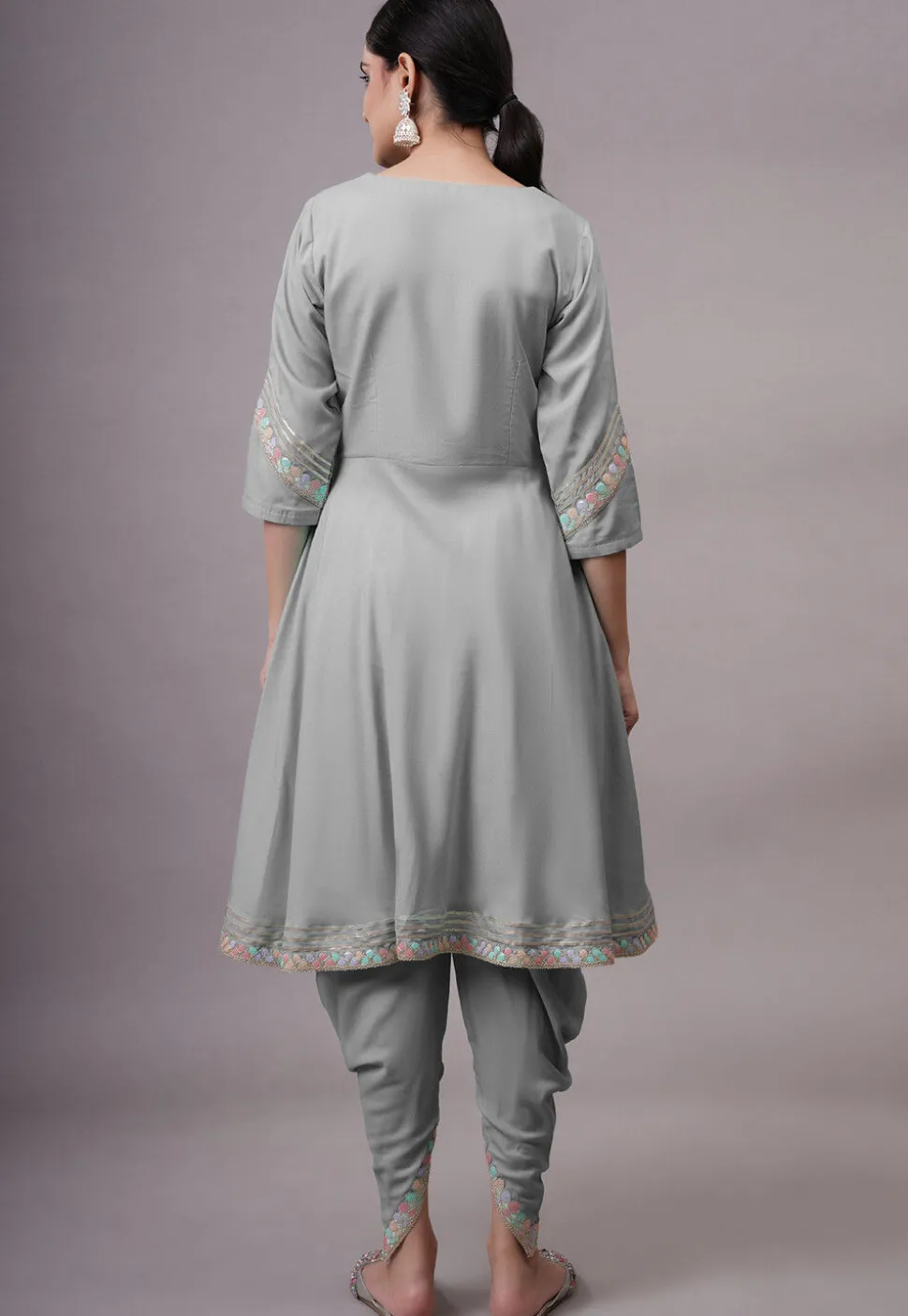 Embroidered Rayon Punjabi Suit in Grey