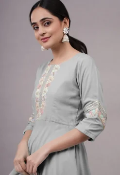 Embroidered Rayon Punjabi Suit in Grey