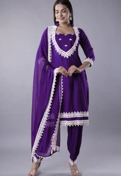 Embroidered Rayon Punjabi Suit in Dark Purple