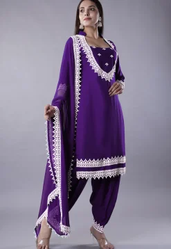 Embroidered Rayon Punjabi Suit in Dark Purple