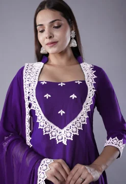Embroidered Rayon Punjabi Suit in Dark Purple